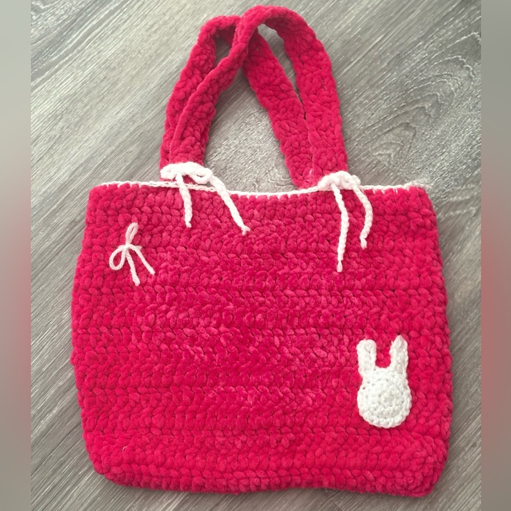 Handmade Crochet Plush Tote Bag 🐰 Pink Bunny Mini Bag | Soft Yarn Purse
